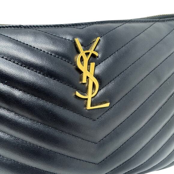 Saint Laurent YSL Uptown Pouch Black Chevron Quilted Leather Wristlet Bag Clutch - Picture 4 of 12